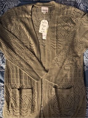 Hippie Rose Olive Green Open-Knit Cardigan with Pockets